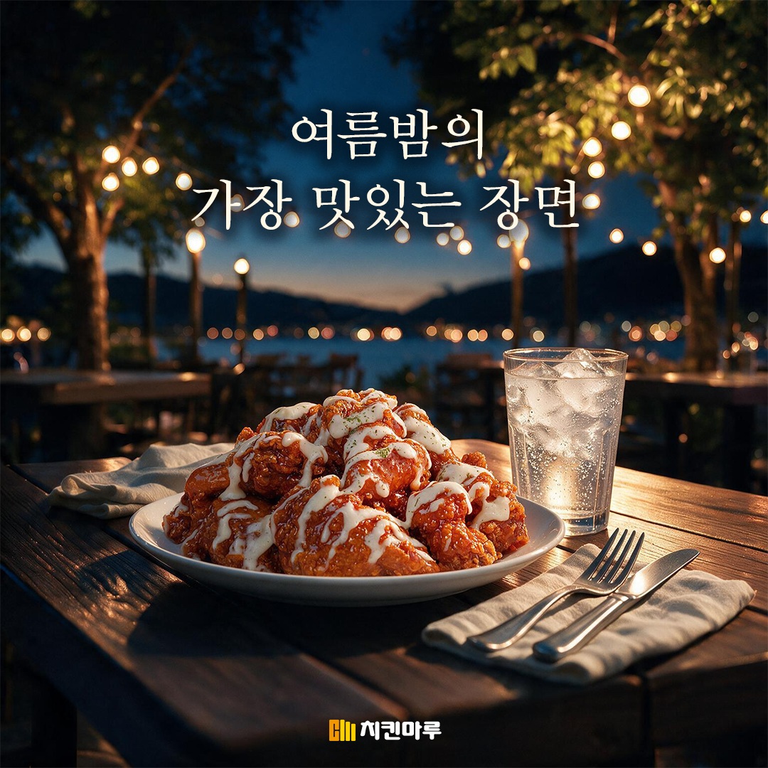 🎬 여름밤의 가장 맛있는 장면 하루의 끝, 시원한 바람과 함께 찾아오는 짜릿한 순간. 치킨 한 조각과 시원한